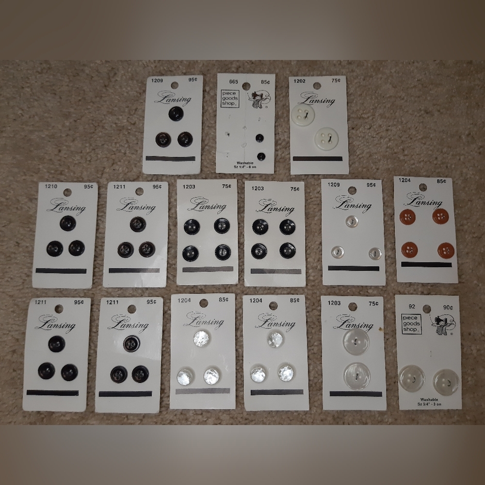 Vtg. Lansing Buttons Lot Of 15 Cards Sewing Various Sizes & Styles *Some Partial